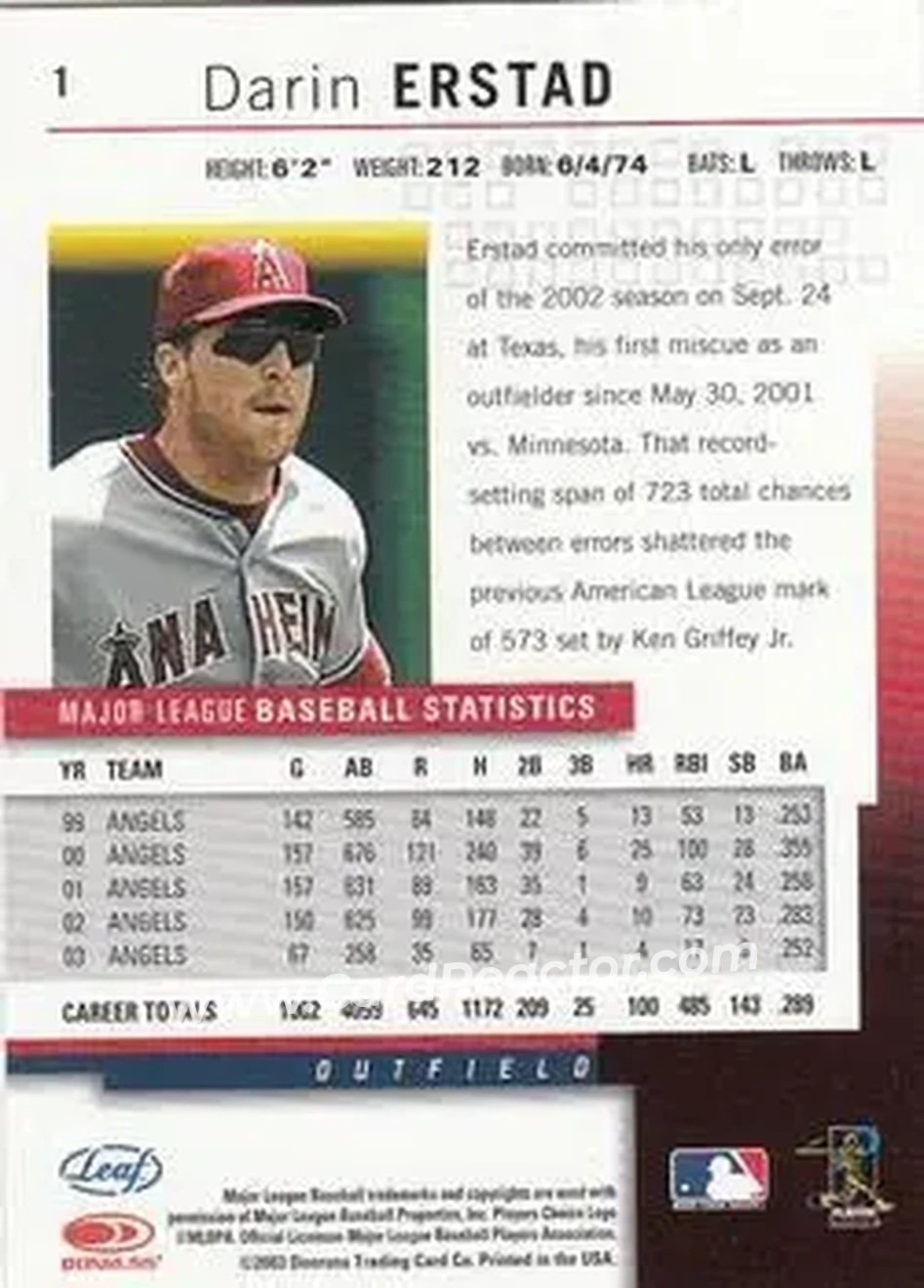 2004 Leaf #1 - Darin Erstad - Anaheim Angels - Back