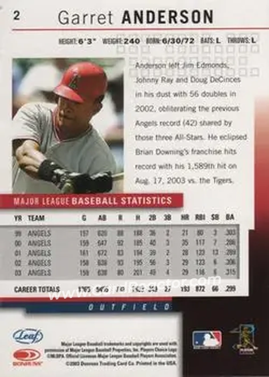 2004 Leaf #2 - Garret Anderson - Anaheim Angels - Back 2004 Leaf #2 - Garret Anderson - Anaheim Angels - Back