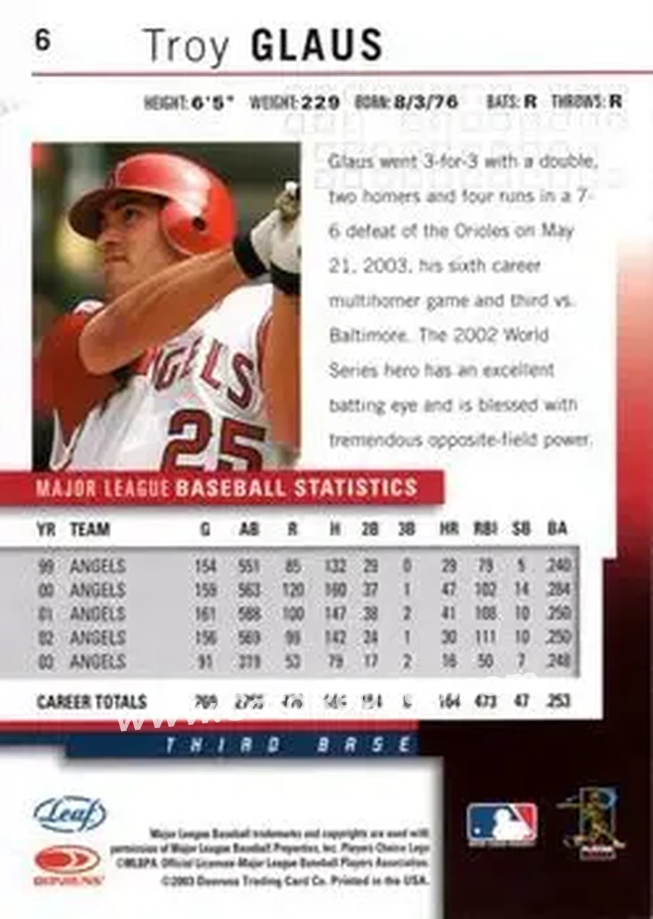 2004 Leaf #6 - Troy Glaus - Anaheim Angels - Back