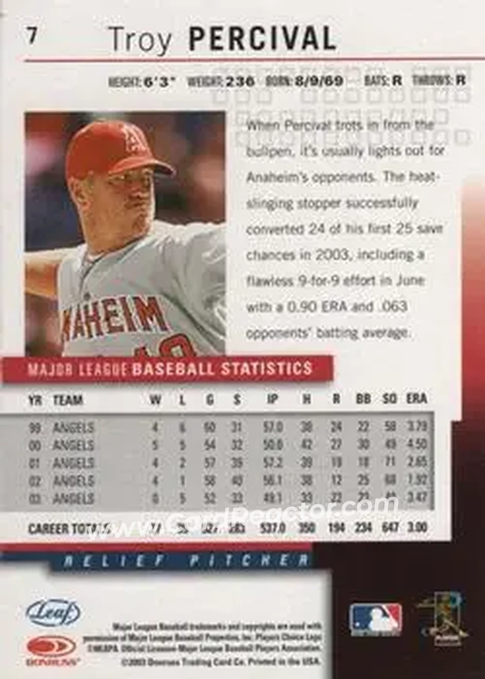 2004 Leaf #7 - Troy Percival - Anaheim Angels - Back