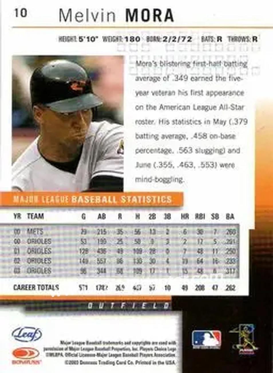 2004 Leaf #10 - Melvin Mora - Baltimore Orioles - Back