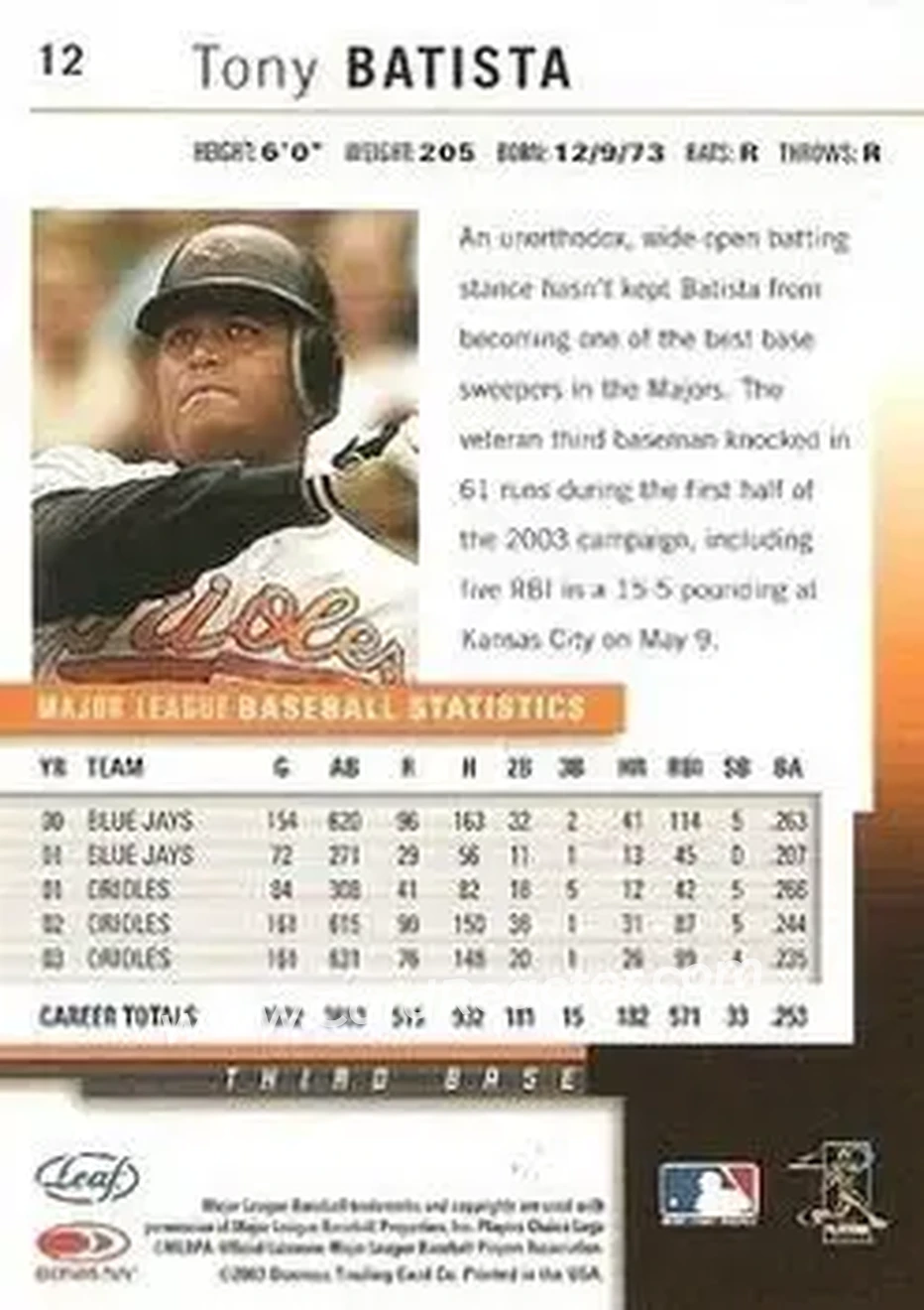 2004 Leaf #12 - Tony Batista - Baltimore Orioles - Back