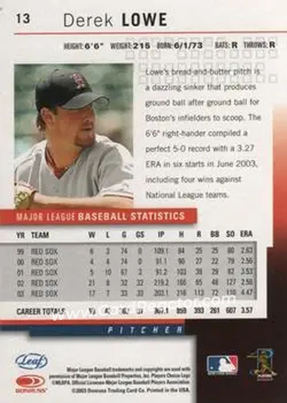 2004 Leaf #13 - Derek Lowe - Boston Red Sox - Back
