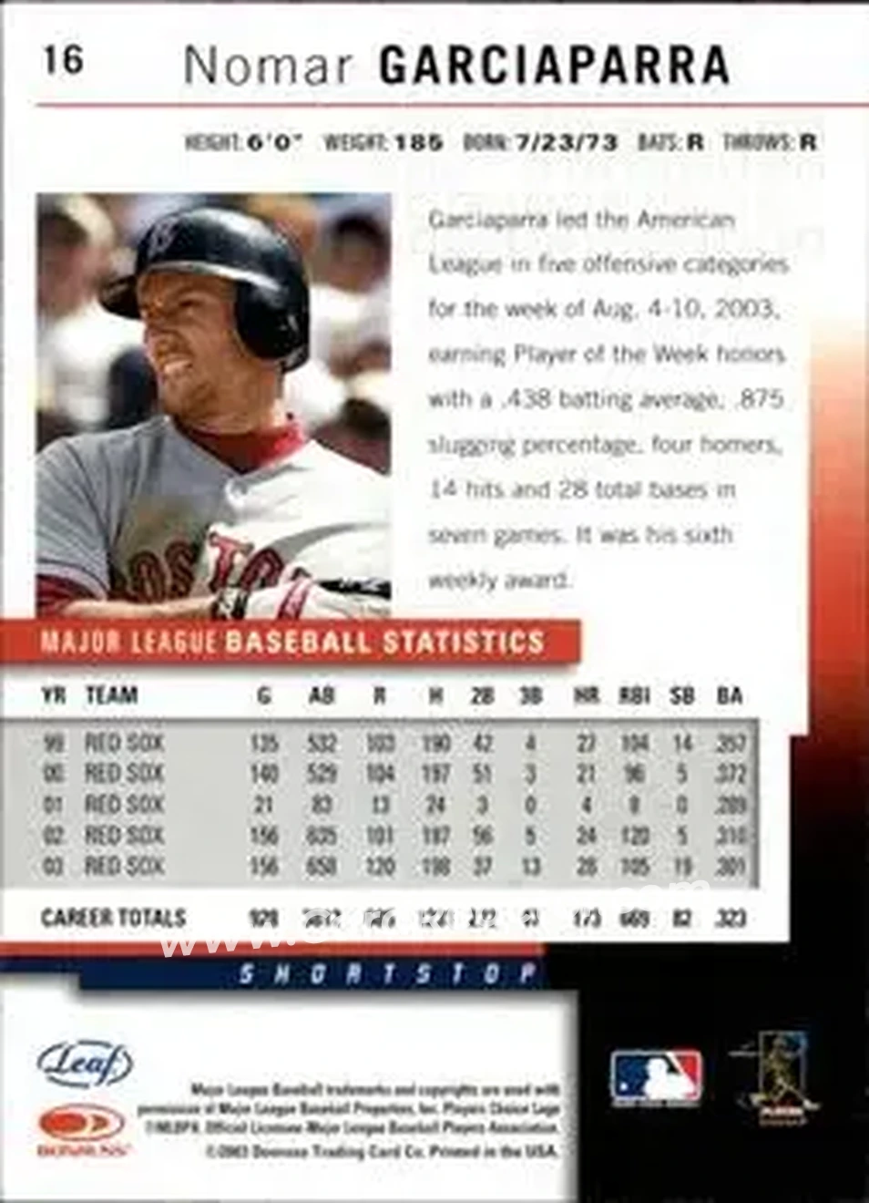 2004 Leaf #16 - Nomar Garciaparra - Boston Red Sox - Back