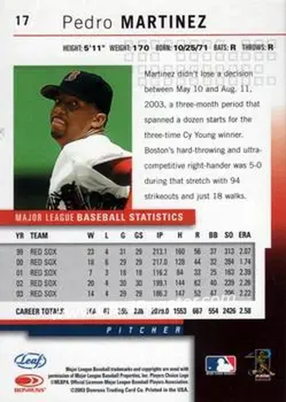 2004 Leaf #17 - Pedro Martinez - Boston Red Sox - Back