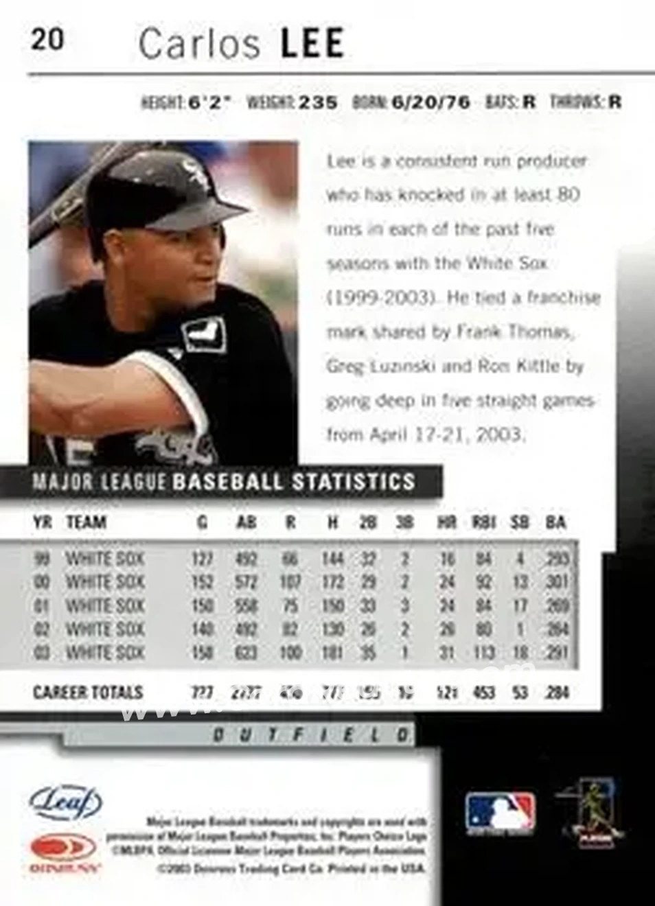 2004 Leaf #20 - Carlos Lee - Chicago White Sox - Back