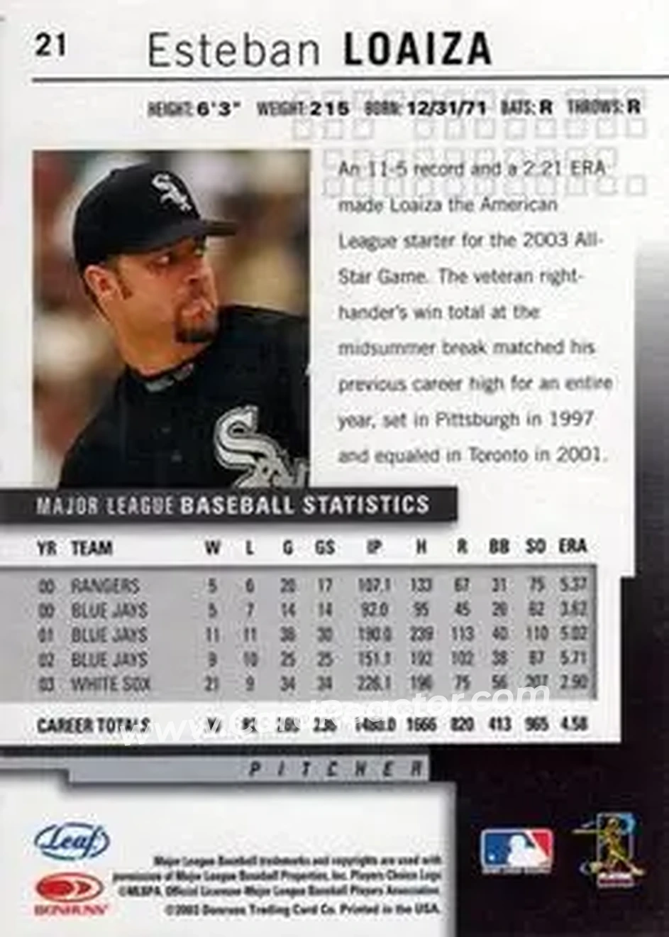 2004 Leaf #21 - Esteban Loaiza - Chicago White Sox - Back