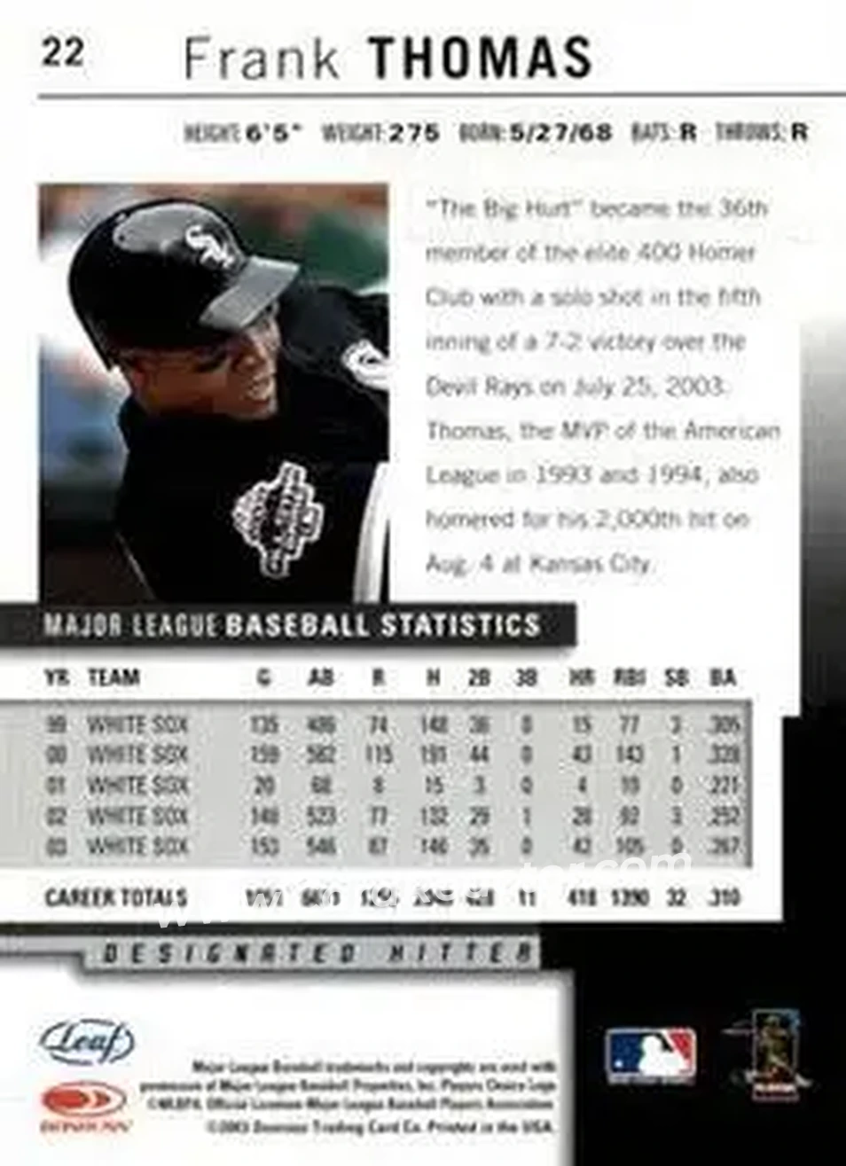 2004 Leaf #22 - Frank Thomas - Chicago White Sox - Back