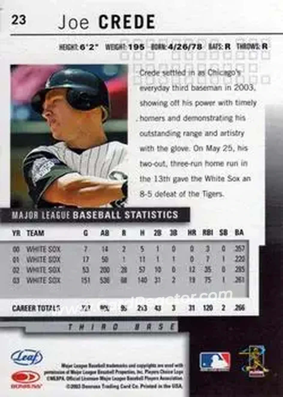 2004 Leaf #23 - Joe Crede - Chicago White Sox - Back