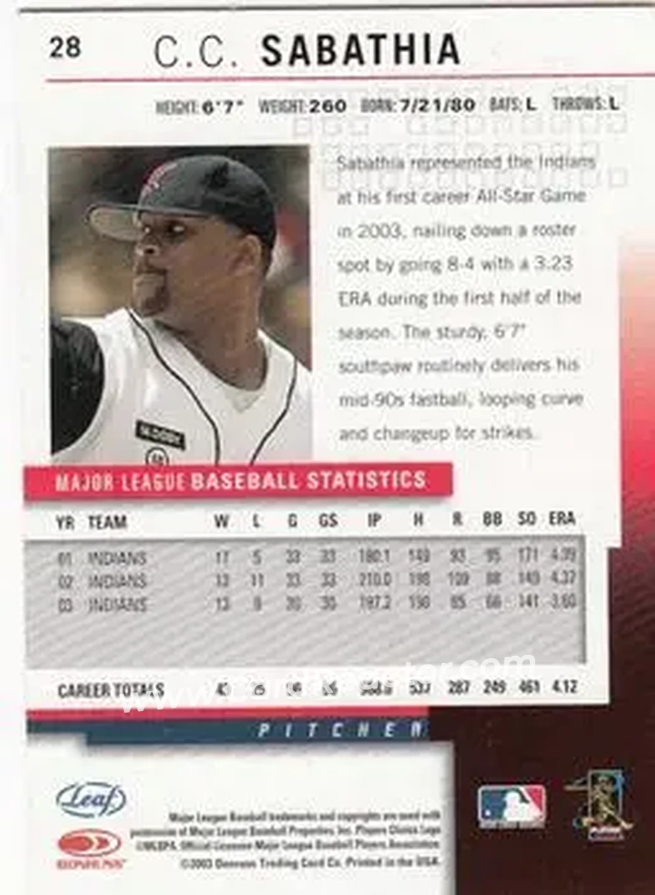 2004 Leaf #28 - CC Sabathia - Cleveland Indians - Back