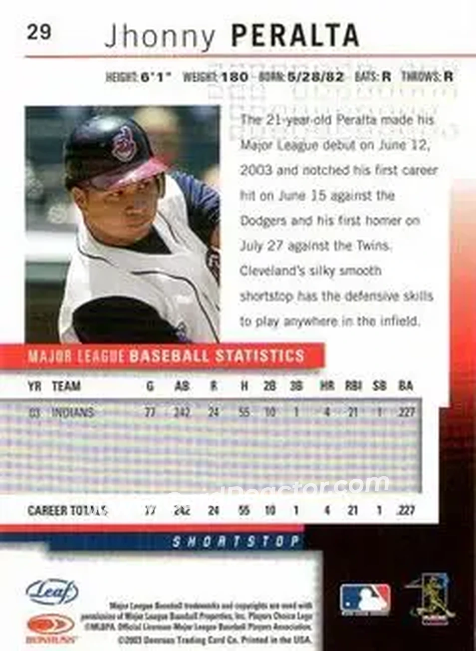 2004 Leaf #29 - Jhonny Peralta - Cleveland Indians - Back 2004 Leaf #29 - Jhonny Peralta - Cleveland Indians - Back