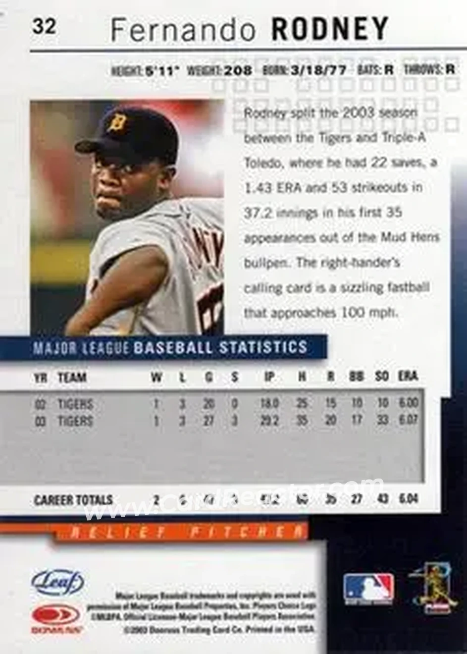 2004 Leaf #32 - Fernando Rodney - Detroit Tigers - Back