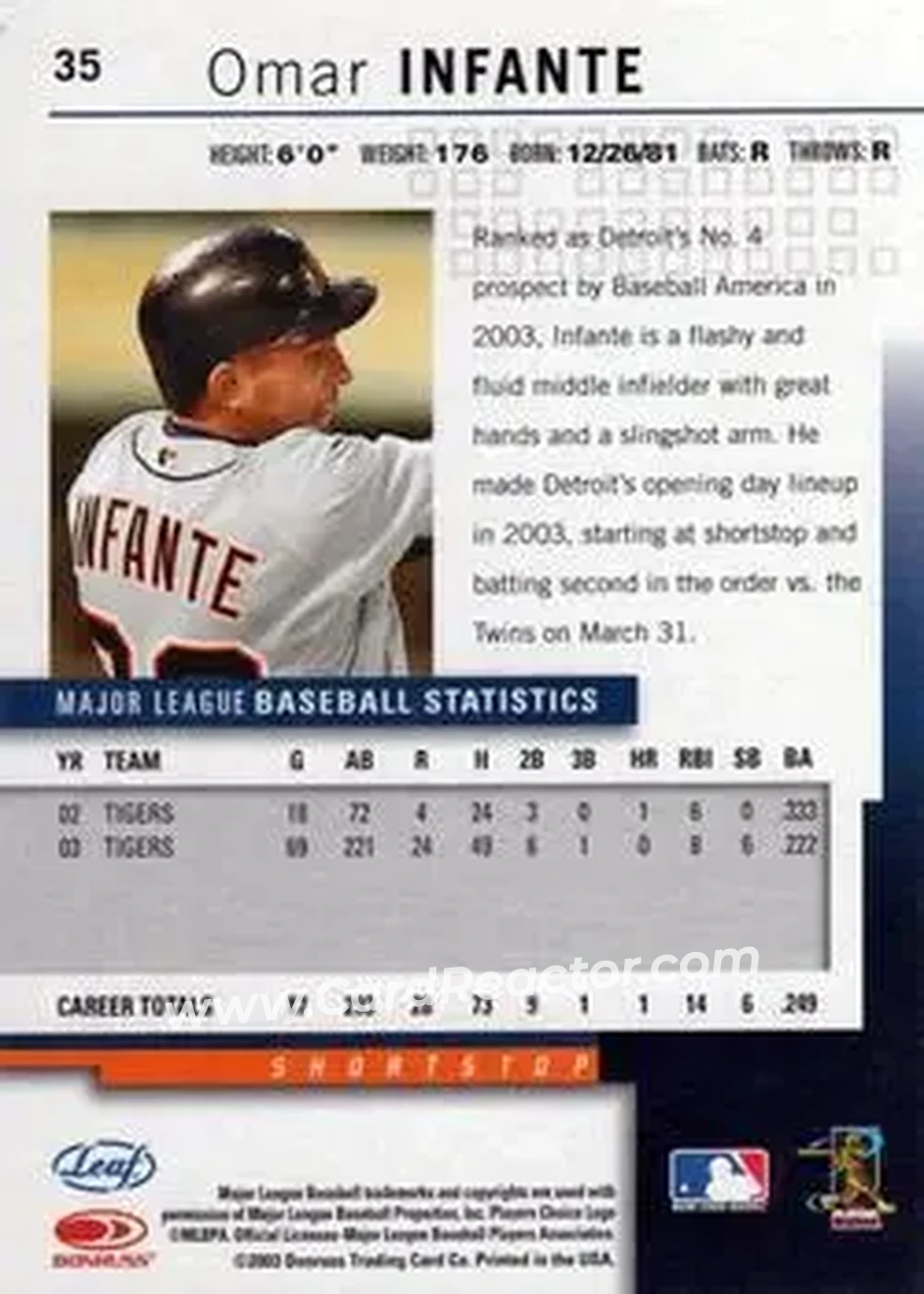 2004 Leaf #35 - Omar Infante - Detroit Tigers - Back