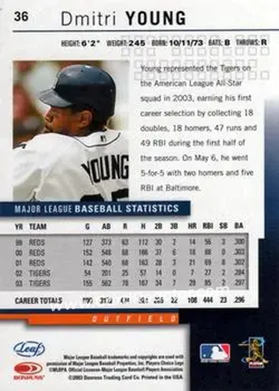 2004 Leaf #36 - Dmitri Young - Detroit Tigers - Back 2004 Leaf #36 - Dmitri Young - Detroit Tigers - Back