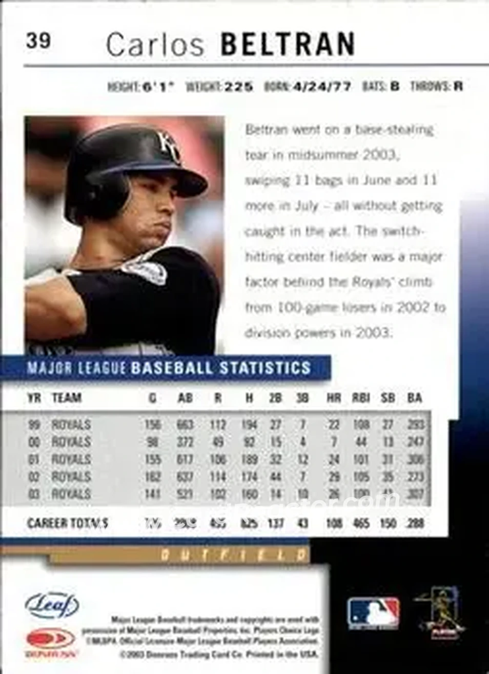 2004 Leaf #39 - Carlos Beltran - Kansas City Royals - Back 2004 Leaf #39 - Carlos Beltran - Kansas City Royals - Back