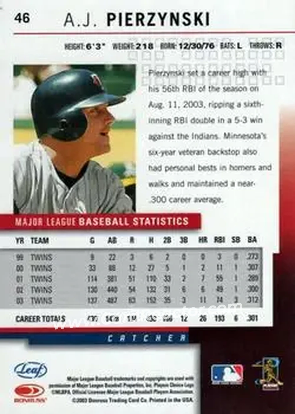 2004 Leaf #46 - A.J. Pierzynski - Minnesota Twins - Back 2004 Leaf #46 - A.J. Pierzynski - Minnesota Twins - Back