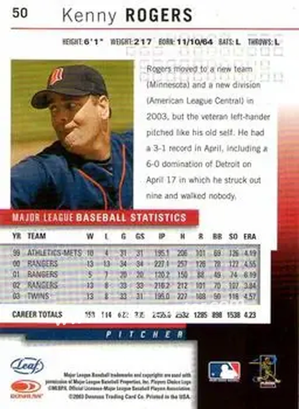 2004 Leaf #50 - Kenny Rogers - Minnesota Twins - Back