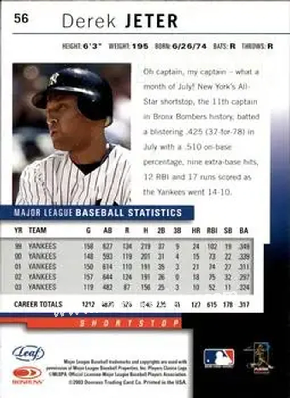 2004 Leaf #56 - Derek Jeter - New York Yankees - Back