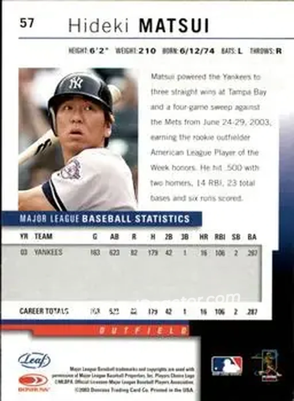 2004 Leaf #57 - Hideki Matsui - New York Yankees - Back 2004 Leaf #57 - Hideki Matsui - New York Yankees - Back