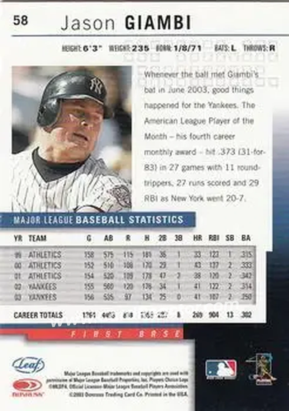 2004 Leaf #58 - Jason Giambi - New York Yankees - Back