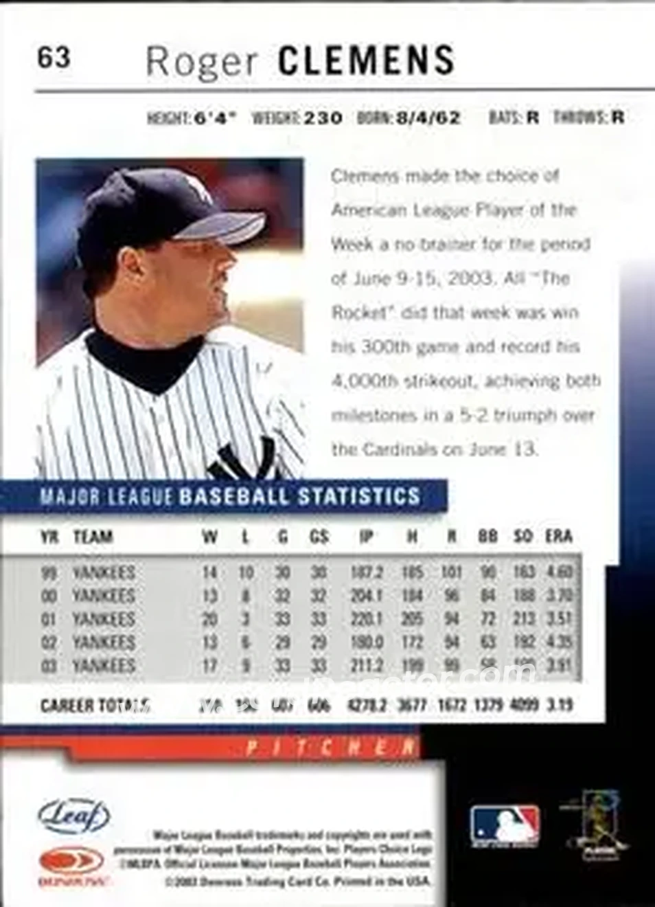 2004 Leaf #63 - Roger Clemens - New York Yankees - Back