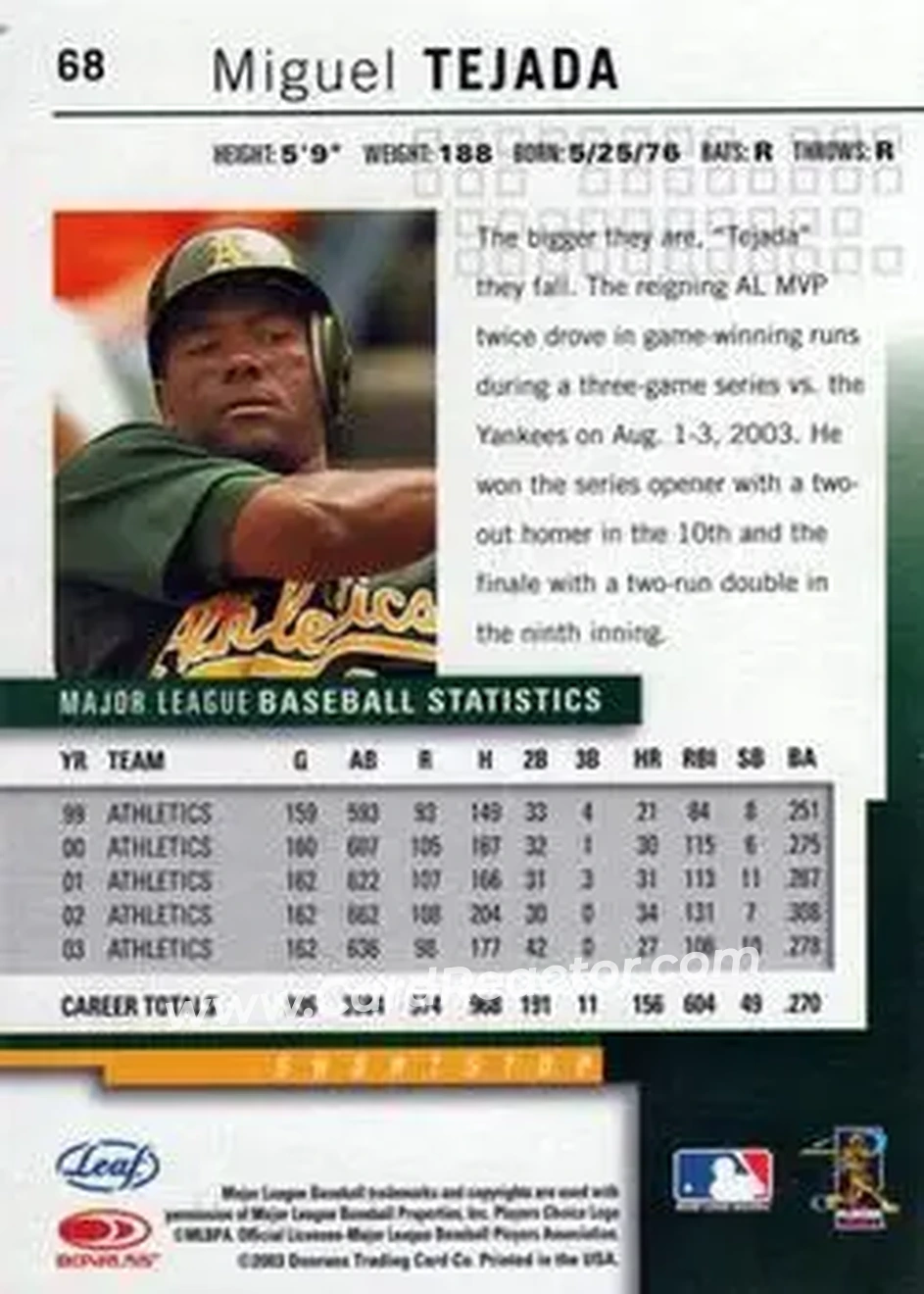 2004 Leaf #68 - Miguel Tejada - Oakland Athletics - Back 2004 Leaf #68 - Miguel Tejada - Oakland Athletics - Back