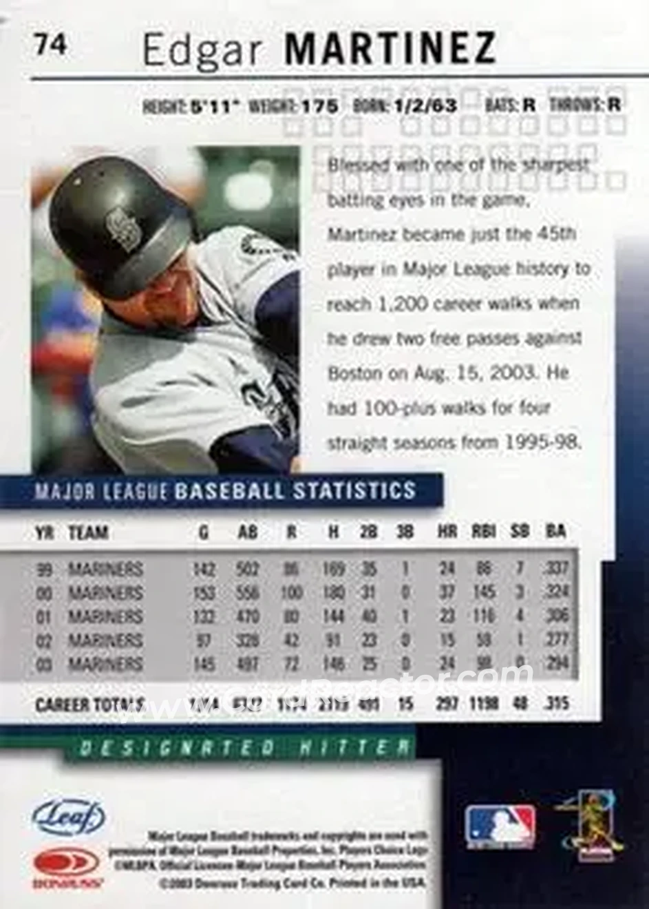 2004 Leaf #74 - Edgar Martinez - Seattle Mariners - Back