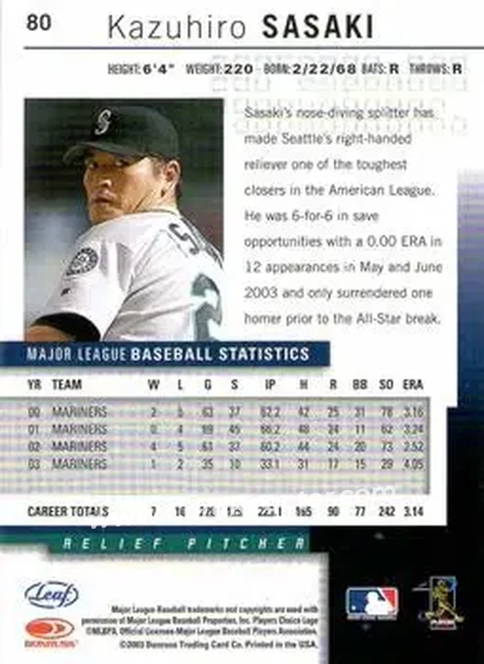 2004 Leaf #80 - Kazuhiro Sasaki - Seattle Mariners - Back
