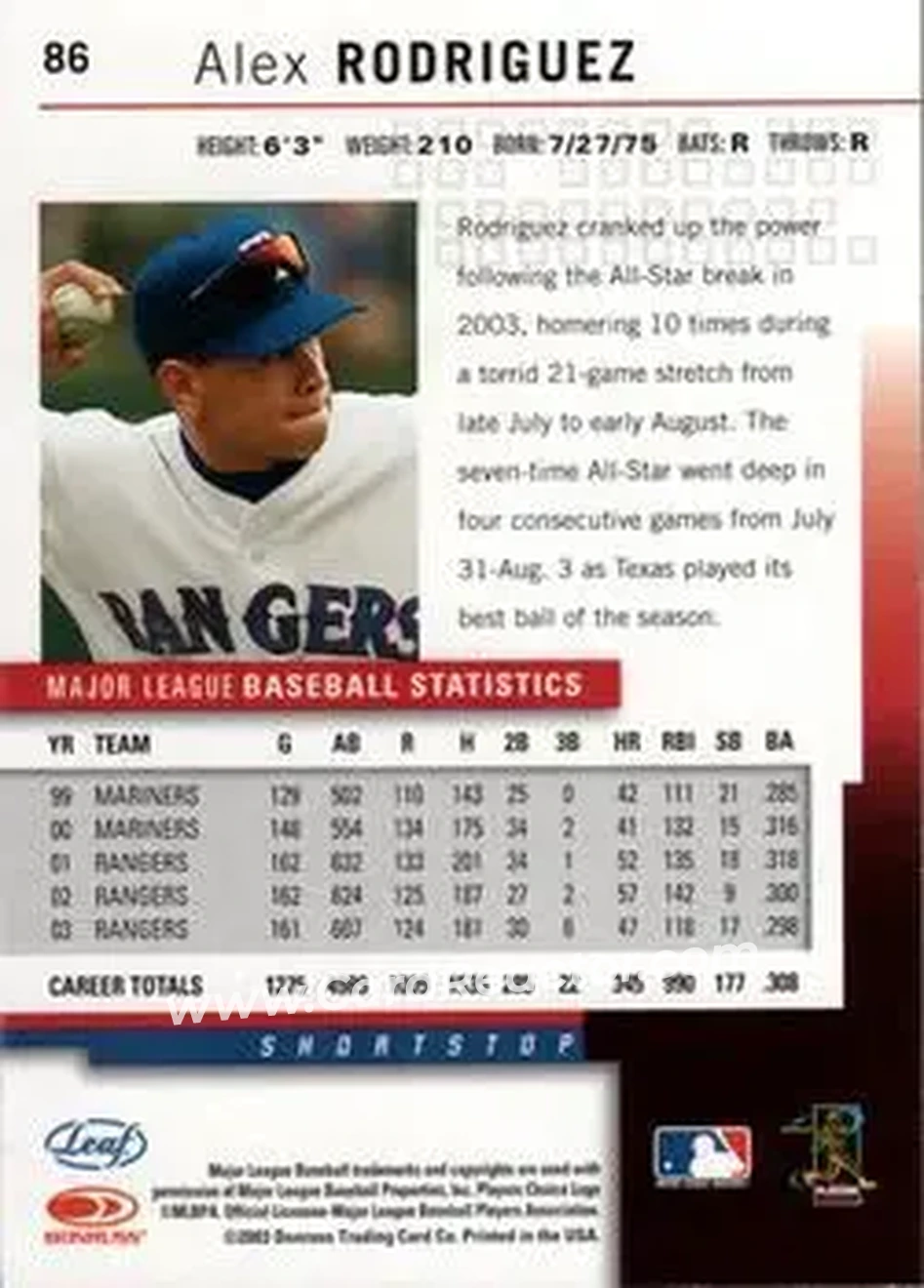 2004 Leaf #86 - Alex Rodriguez - Texas Rangers - Back
