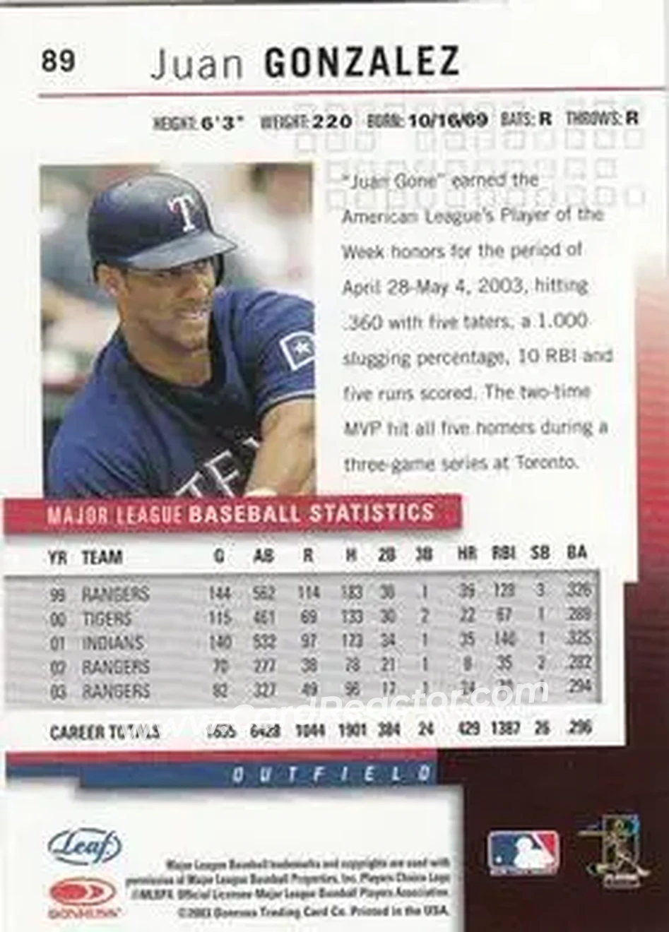 2004 Leaf #89 - Juan Gonzalez - Texas Rangers - Back