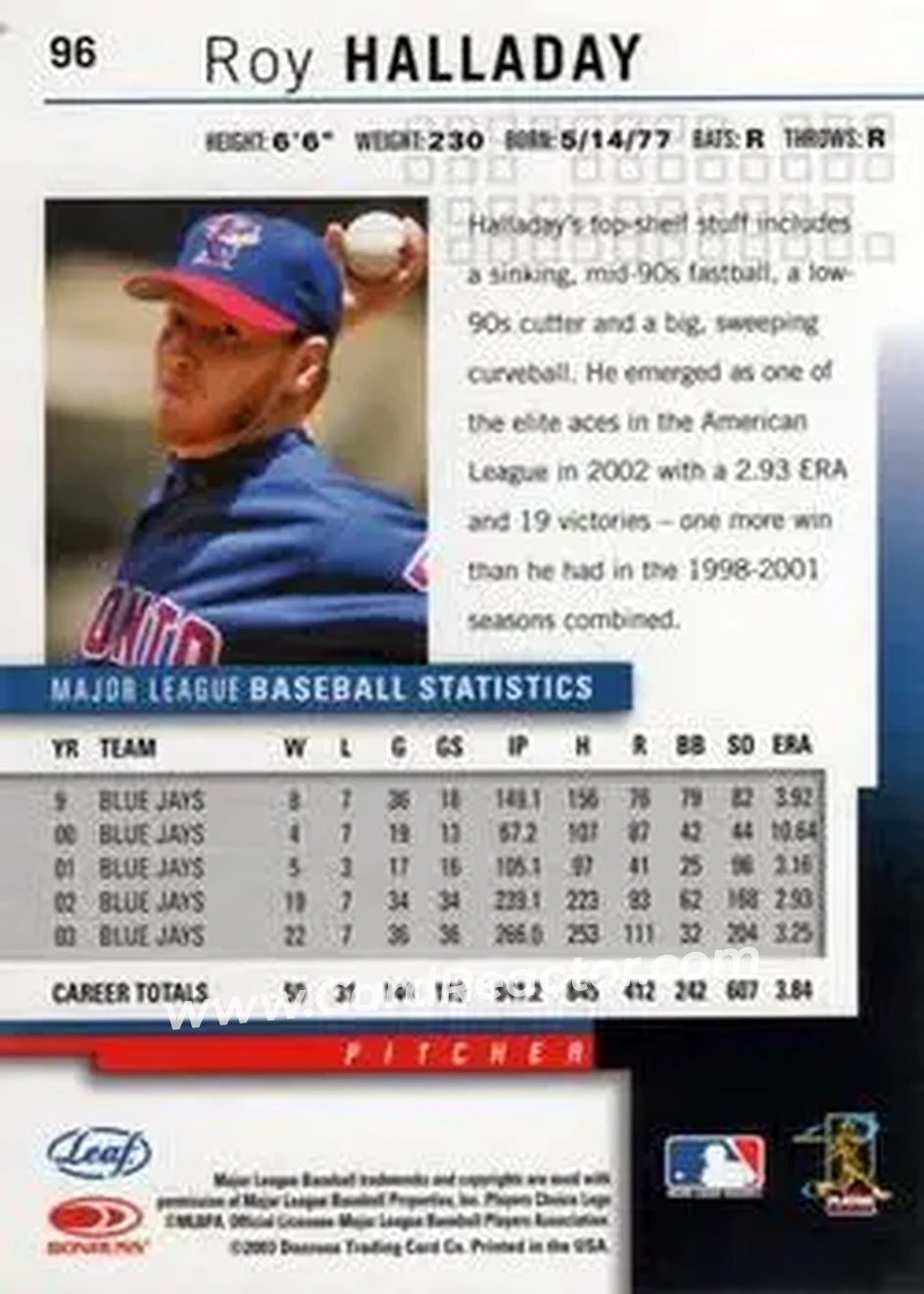 2004 Leaf #96 - Roy Halladay - Toronto Blue Jays - Back