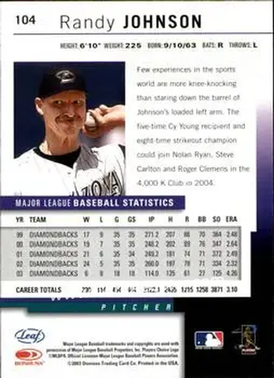 2004 Leaf #104 - Randy Johnson - Arizona Diamondbacks - Back