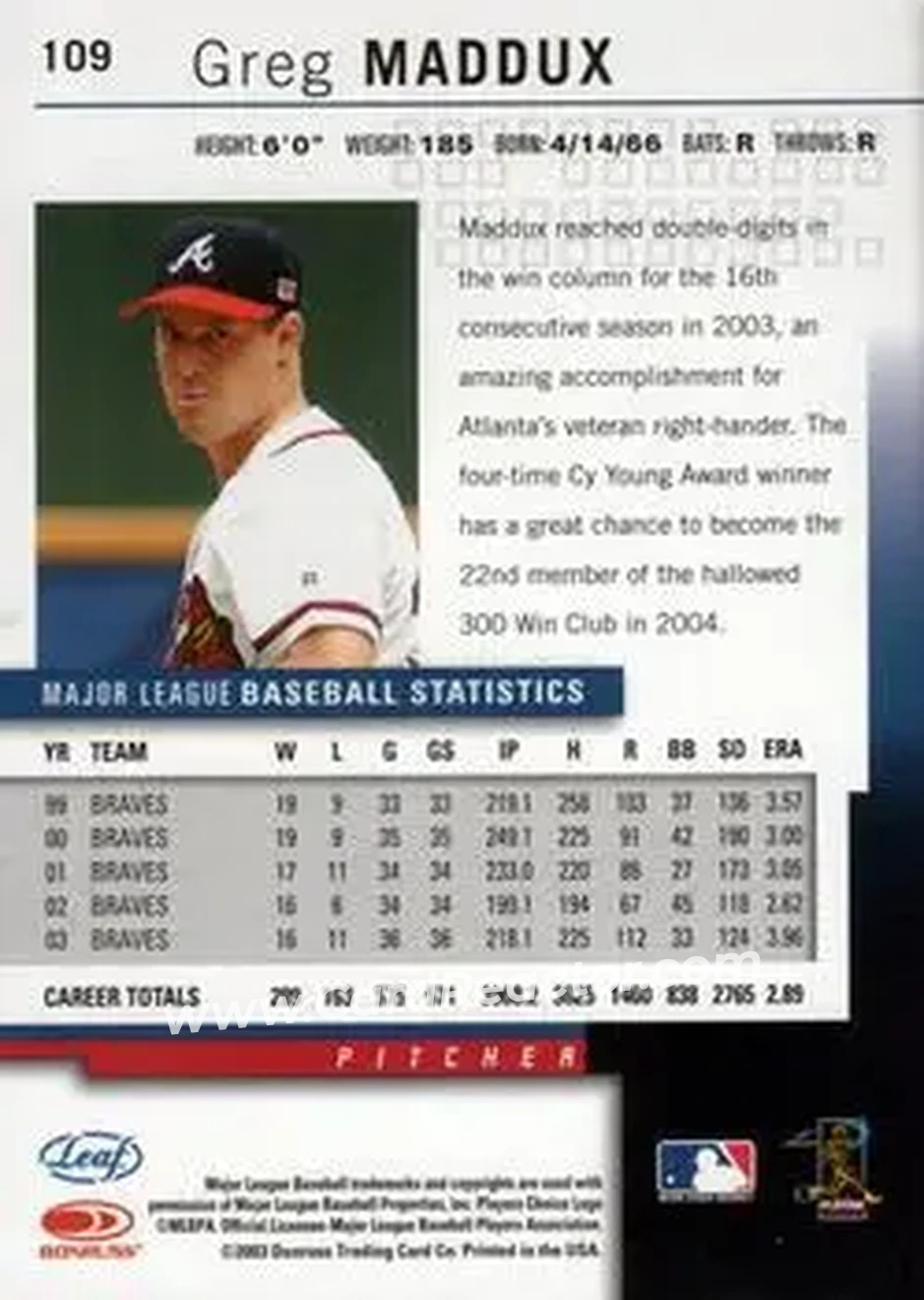 2004 Leaf #109 - Greg Maddux - Atlanta Braves - Back