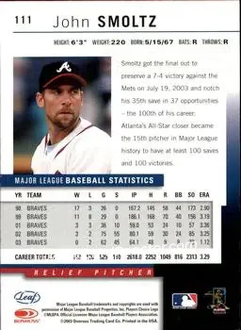 2004 Leaf #111 - John Smoltz - Atlanta Braves - Back