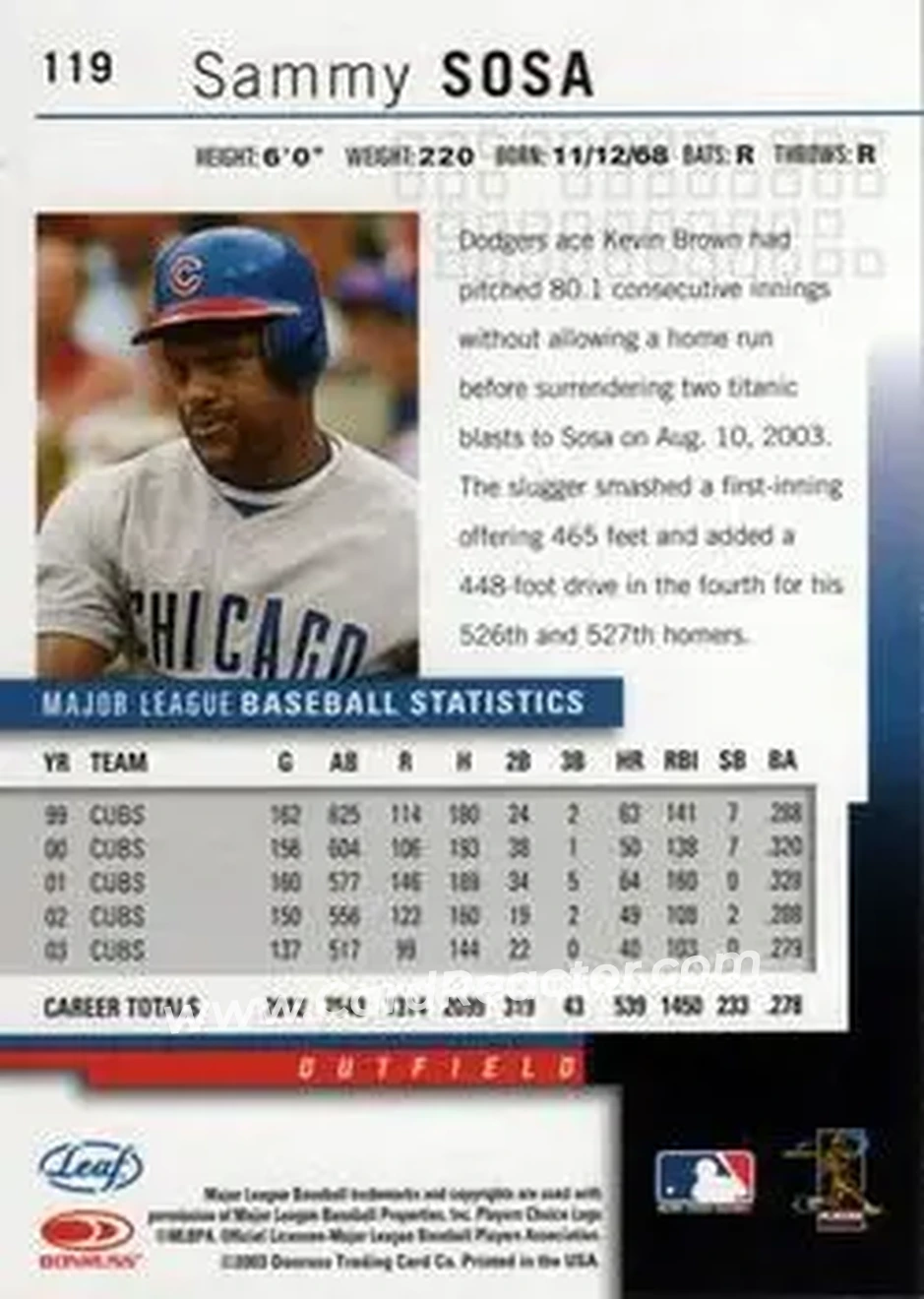 2004 Leaf #119 - Sammy Sosa - Chicago Cubs - Back