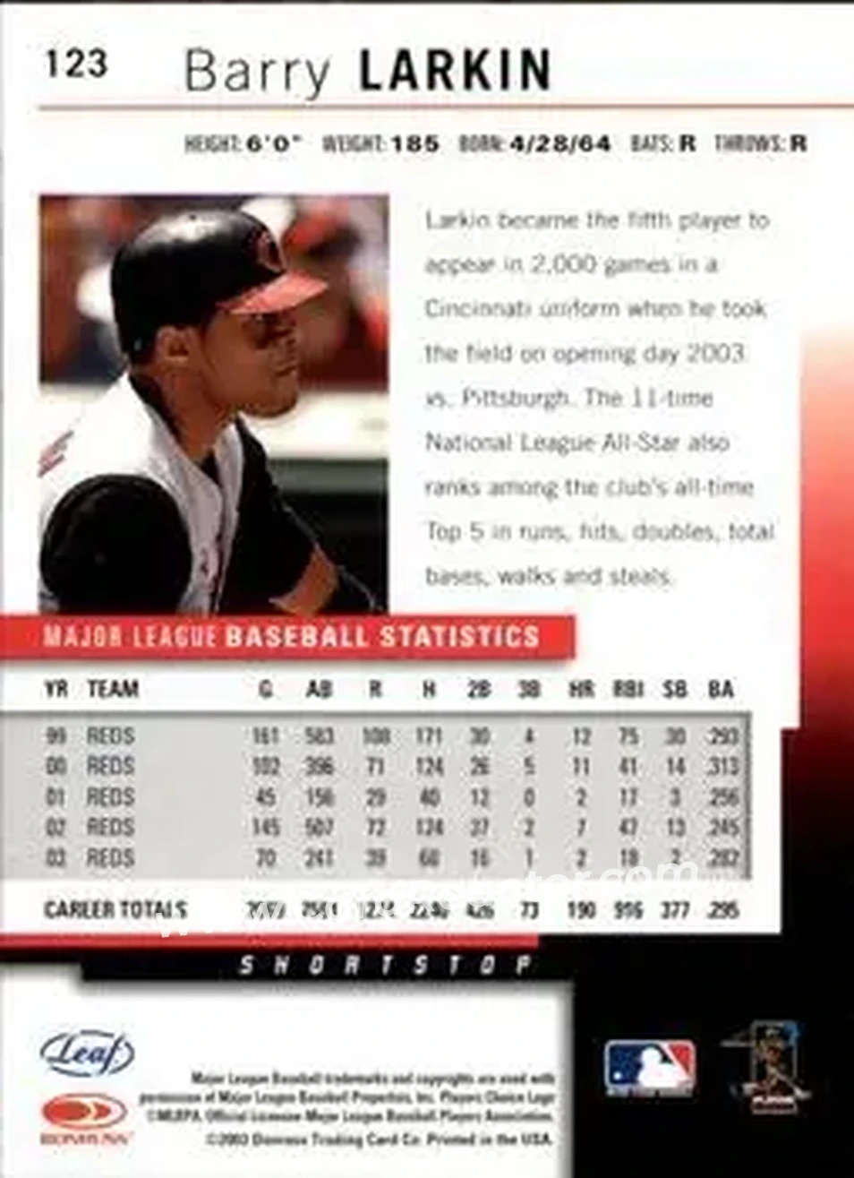 2004 Leaf #123 - Barry Larkin - Cincinnati Reds - Back