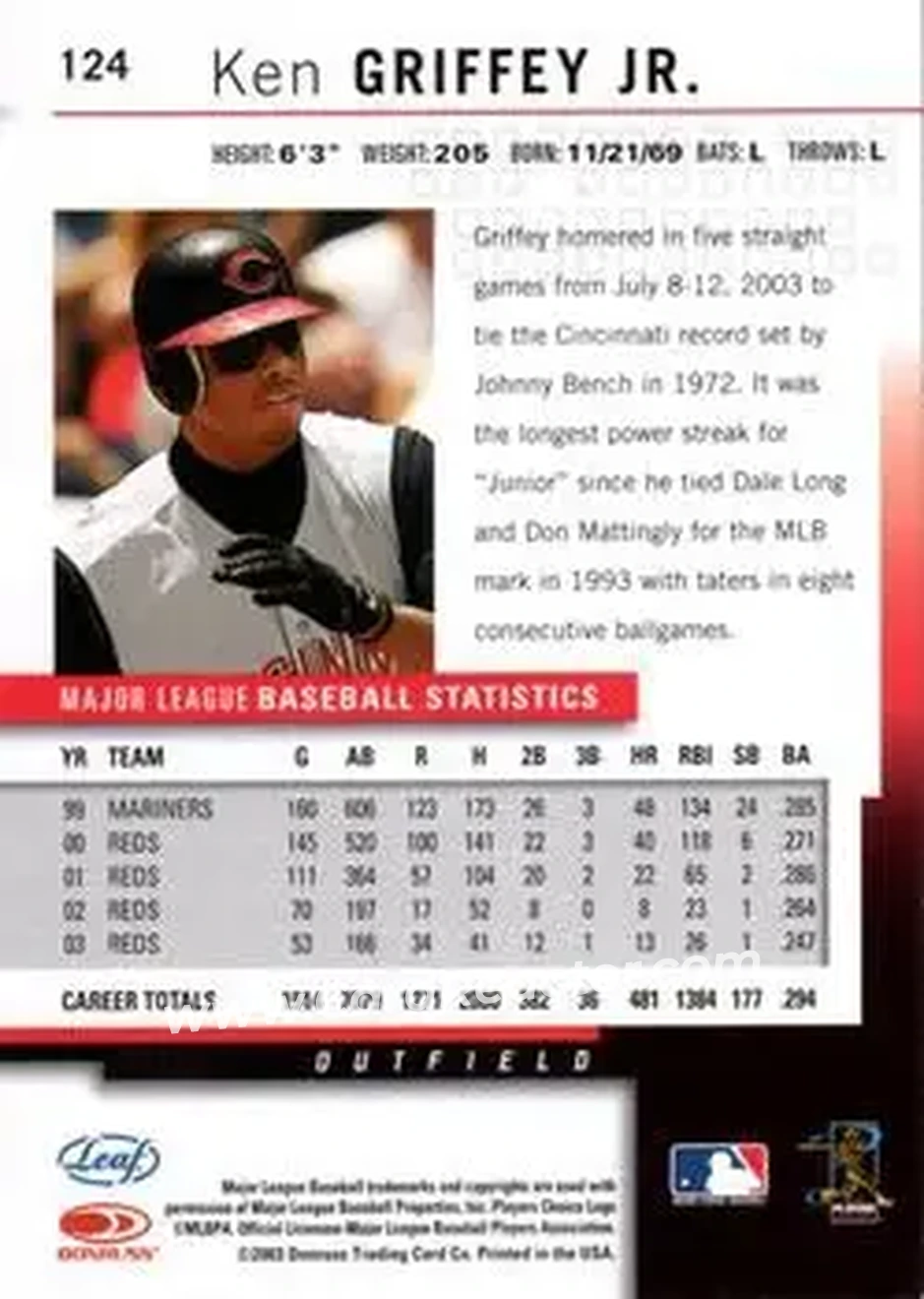 2004 Leaf #124 - Ken Griffey Jr. - Cincinnati Reds - Back
