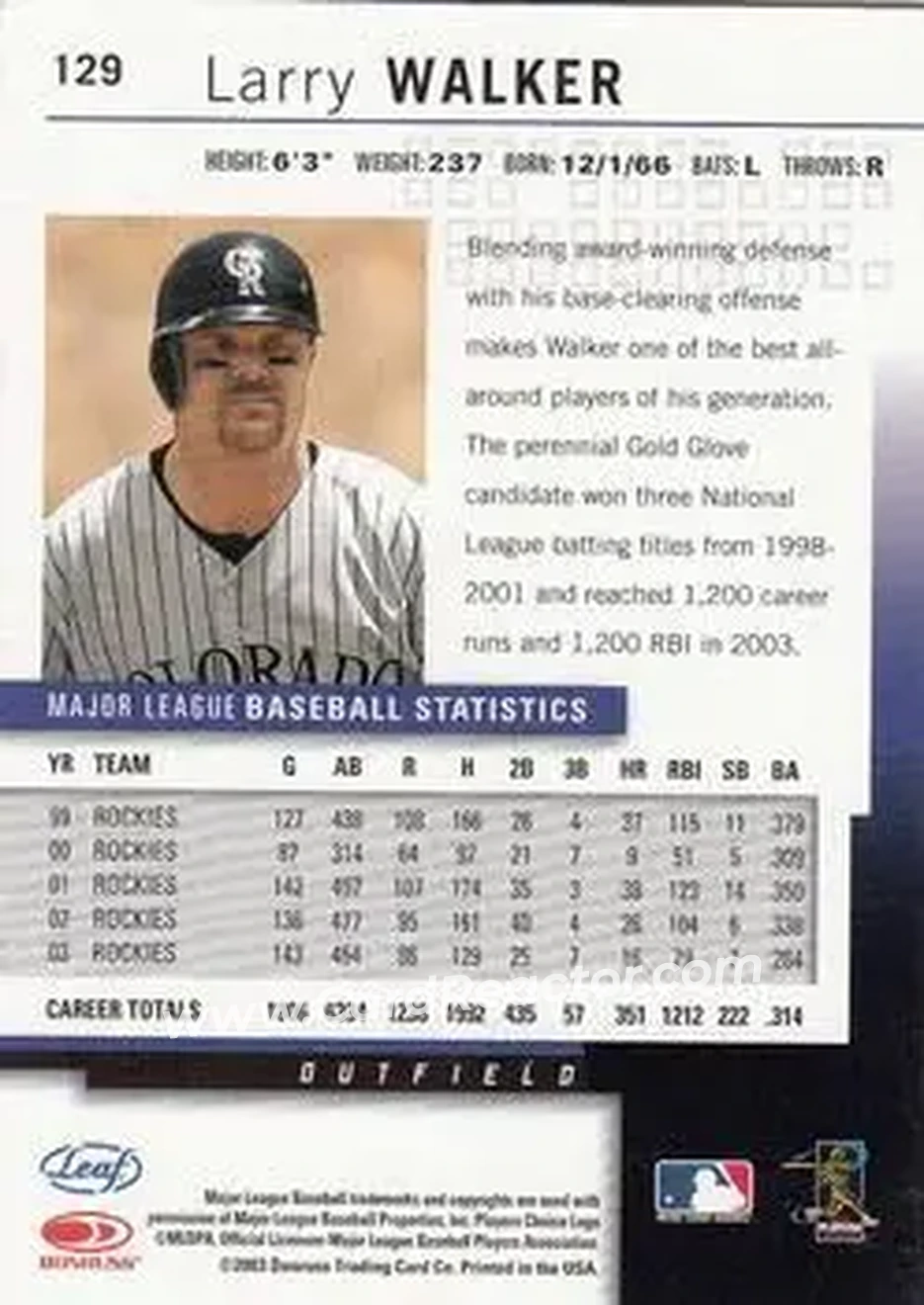 2004 Leaf #129 - Larry Walker - Colorado Rockies - Back