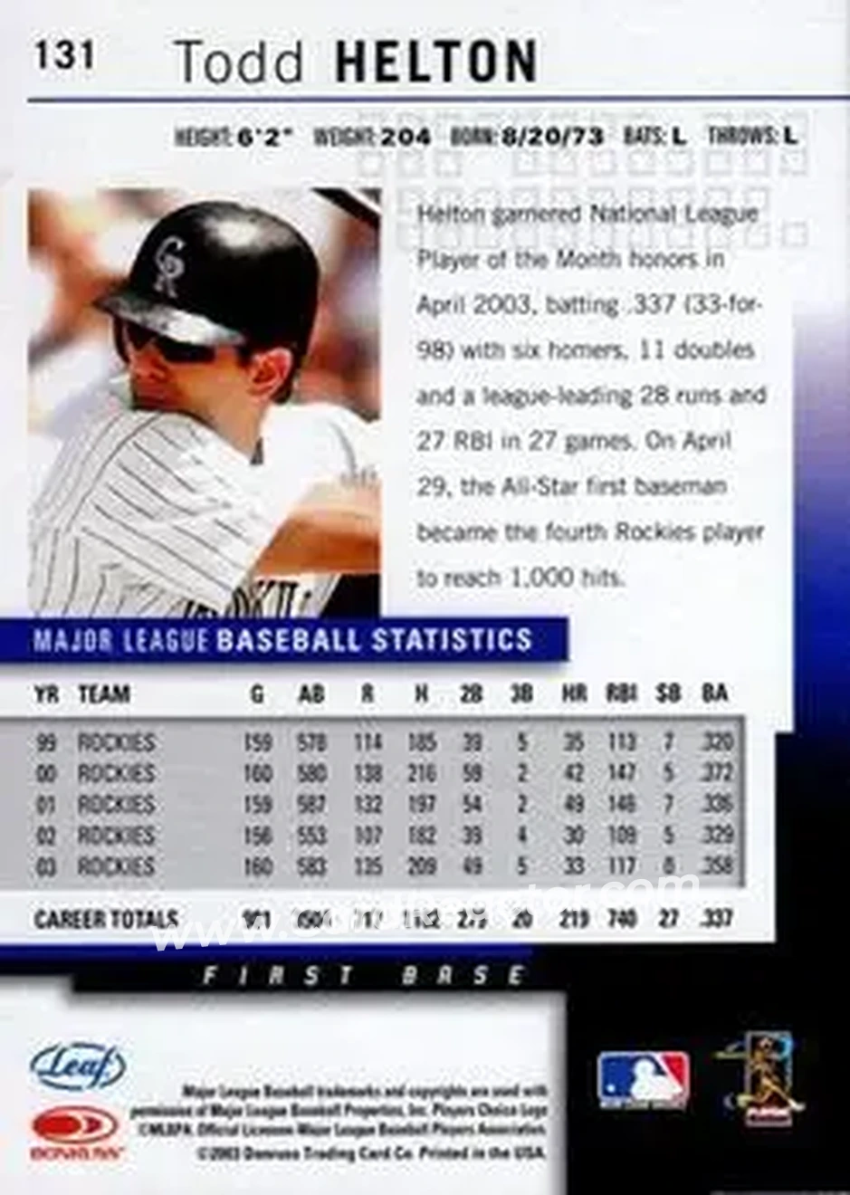 2004 Leaf #131 - Todd Helton - Colorado Rockies - Back