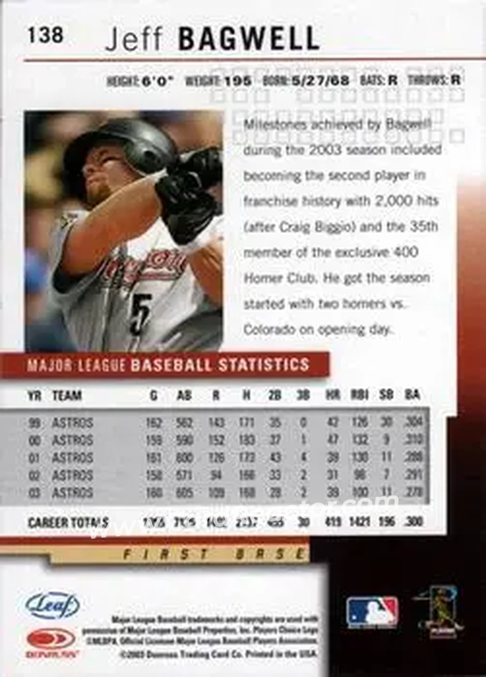 2004 Leaf #138 - Jeff Bagwell - Houston Astros - Back