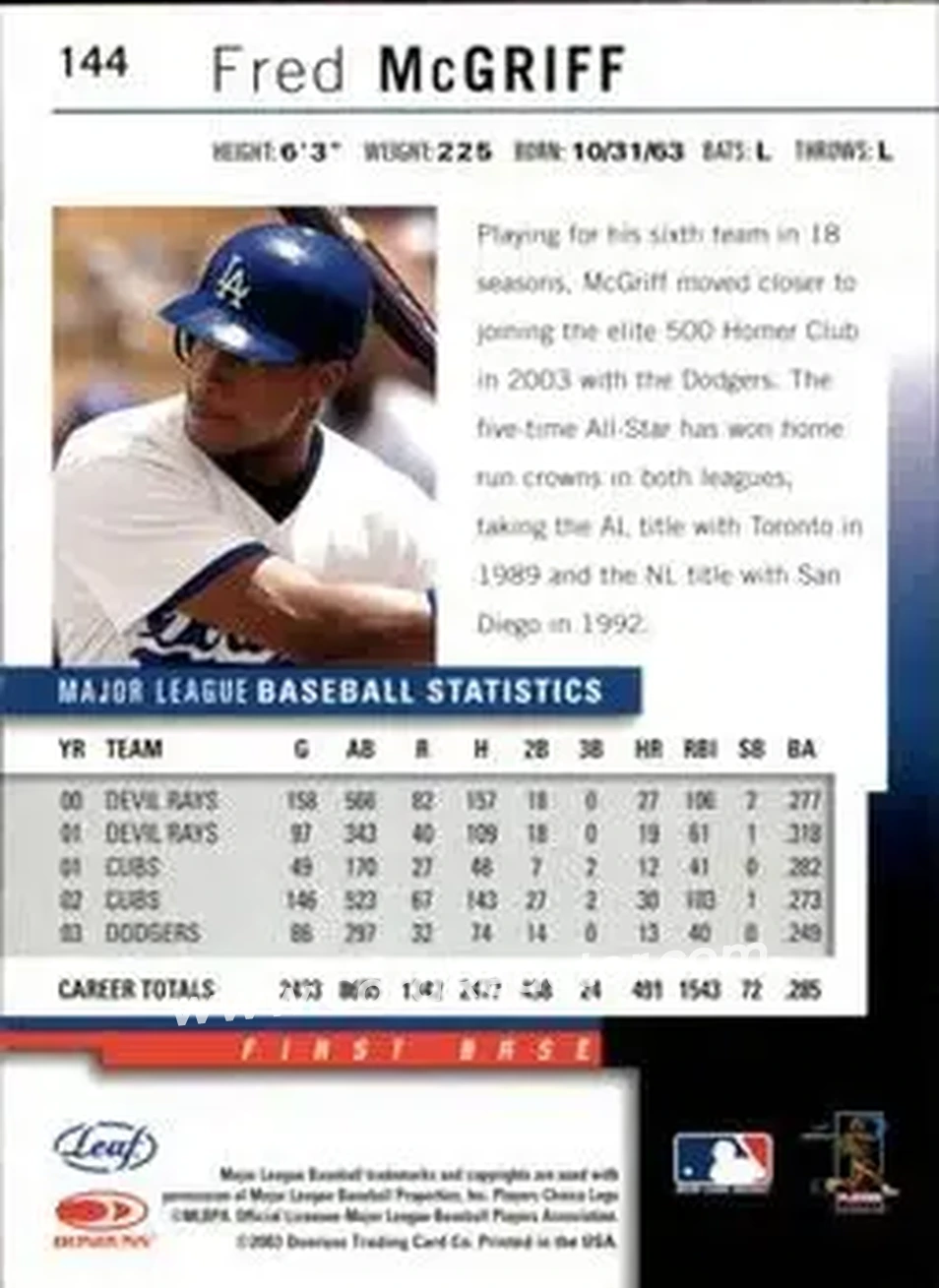 2004 Leaf #144 - Fred McGriff - Los Angeles Dodgers - Back
