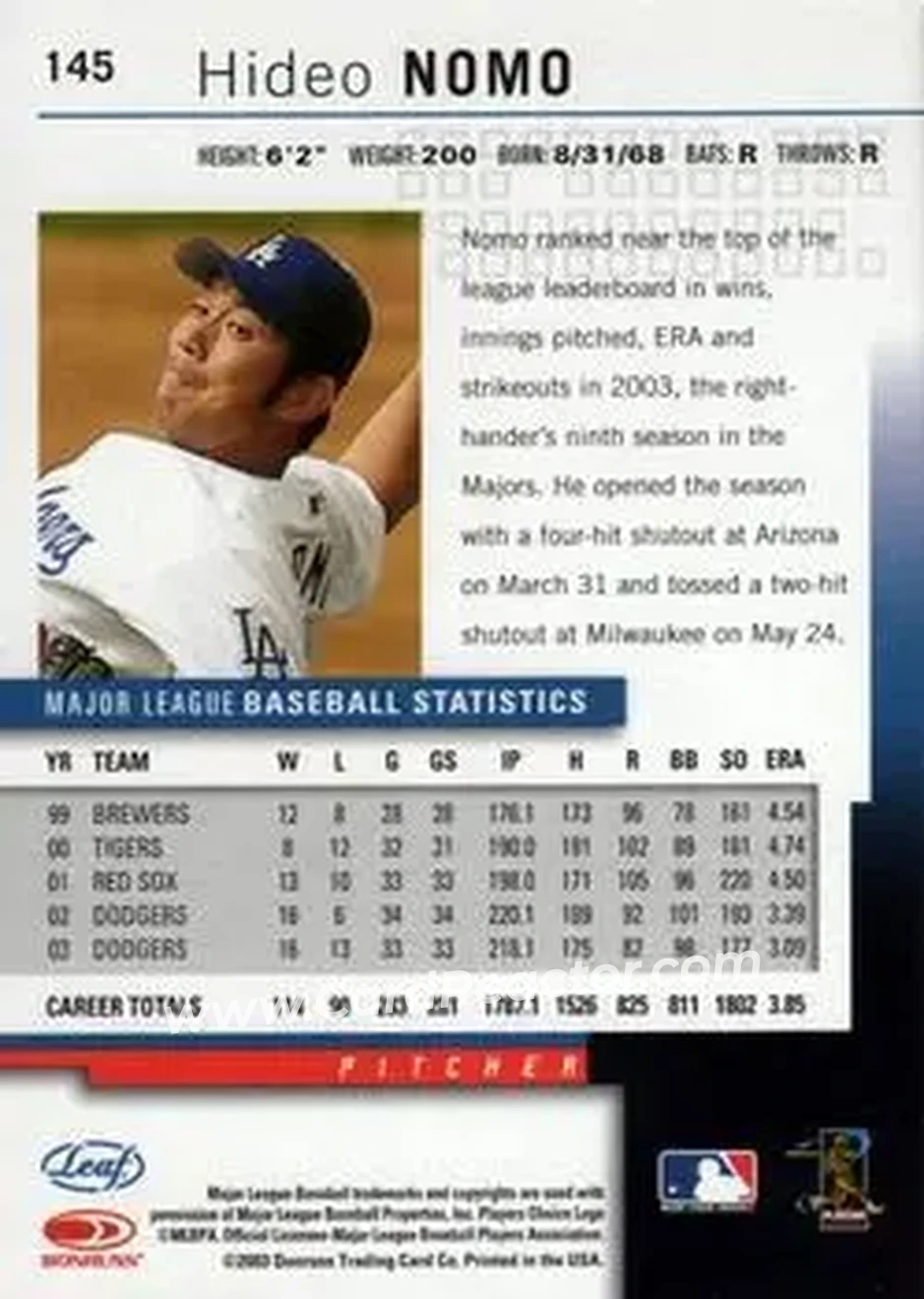2004 Leaf #145 - Hideo Nomo - Los Angeles Dodgers - Back