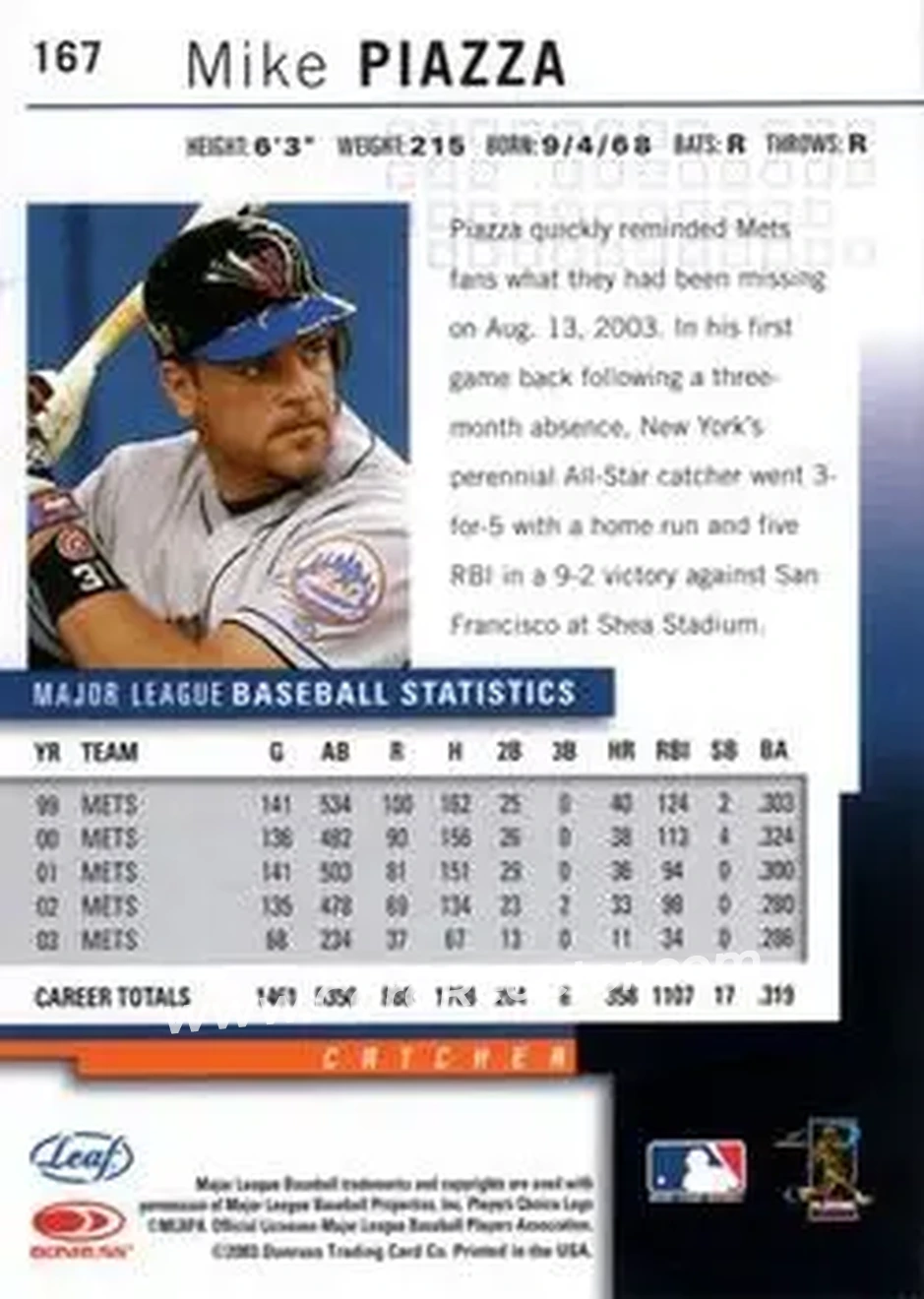 2004 Leaf #167 - Mike Piazza - New York Mets - Back 2004 Leaf #167 - Mike Piazza - New York Mets - Back