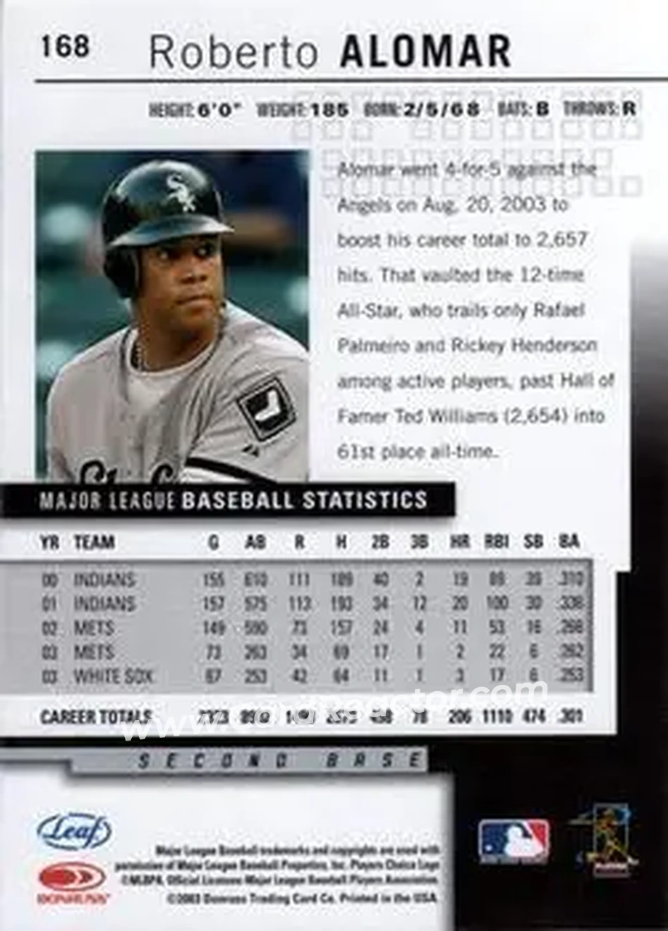 2004 Leaf #168 - Roberto Alomar - Chicago White Sox - Back