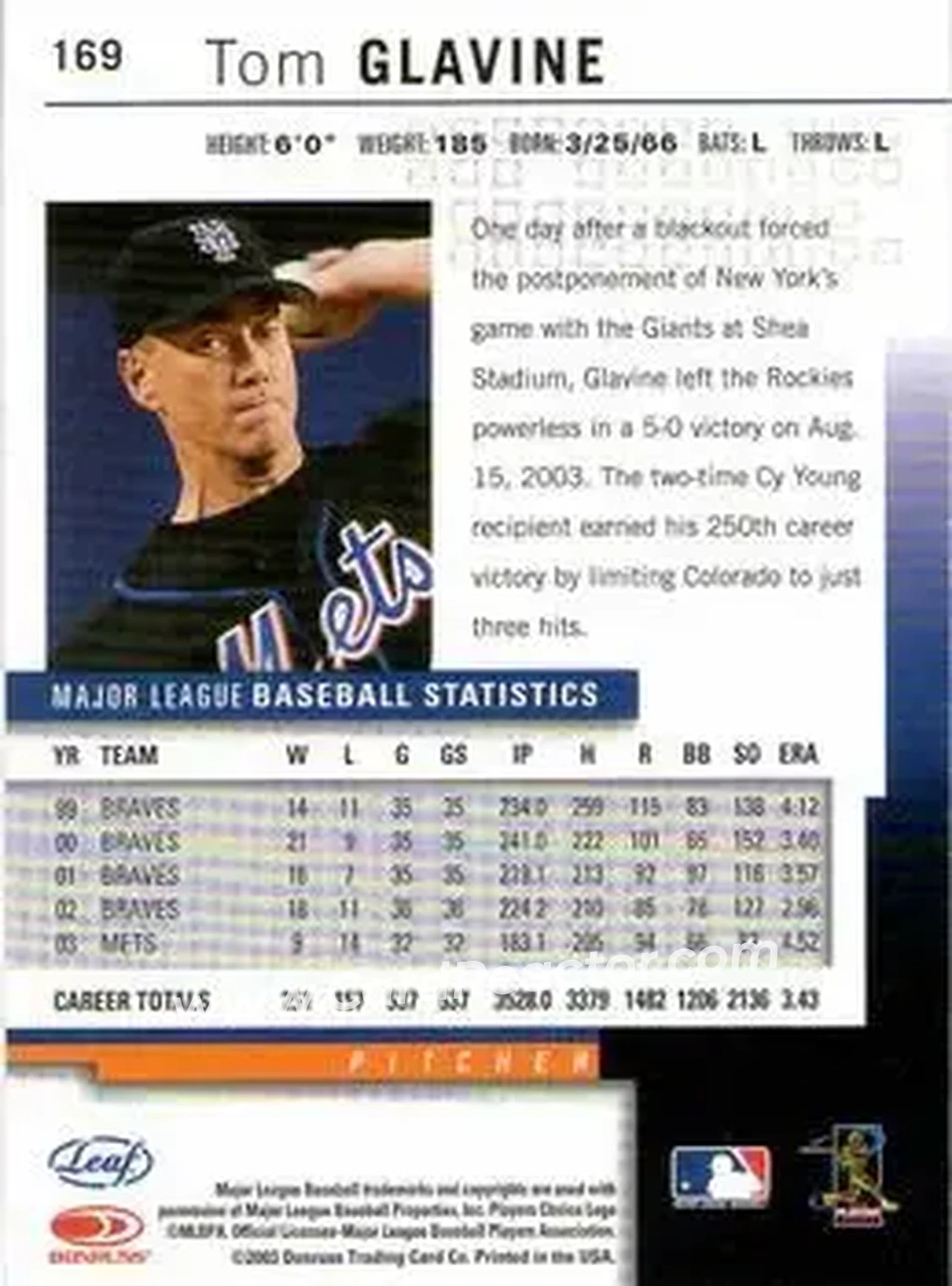 2004 Leaf #169 - Tom Glavine - New York Mets - Back