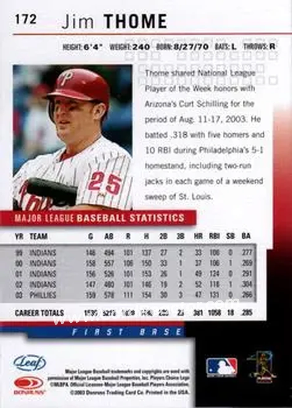 2004 Leaf #172 - Jim Thome - Philadelphia Phillies - Back