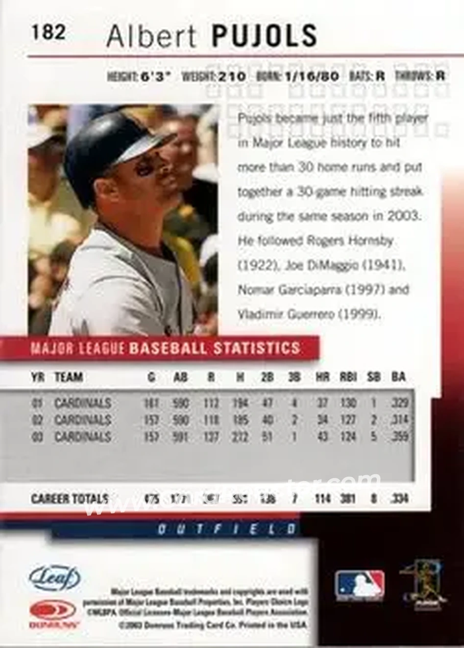 2004 Leaf #182 - Albert Pujols - St. Louis Cardinals - Back 2004 Leaf #182 - Albert Pujols - St. Louis Cardinals - Back