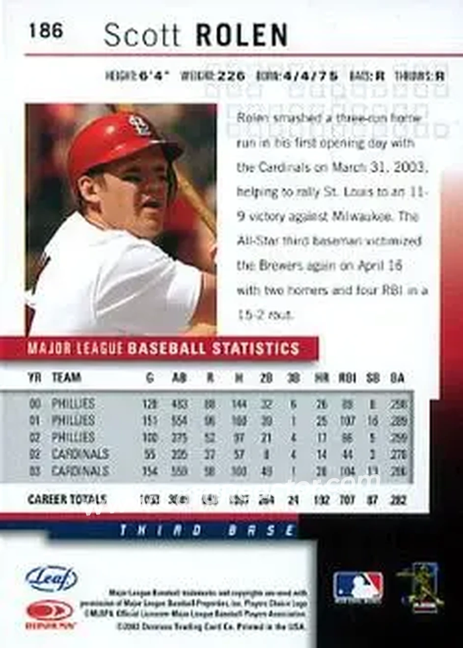 2004 Leaf #186 - Scott Rolen - St. Louis Cardinals - Back