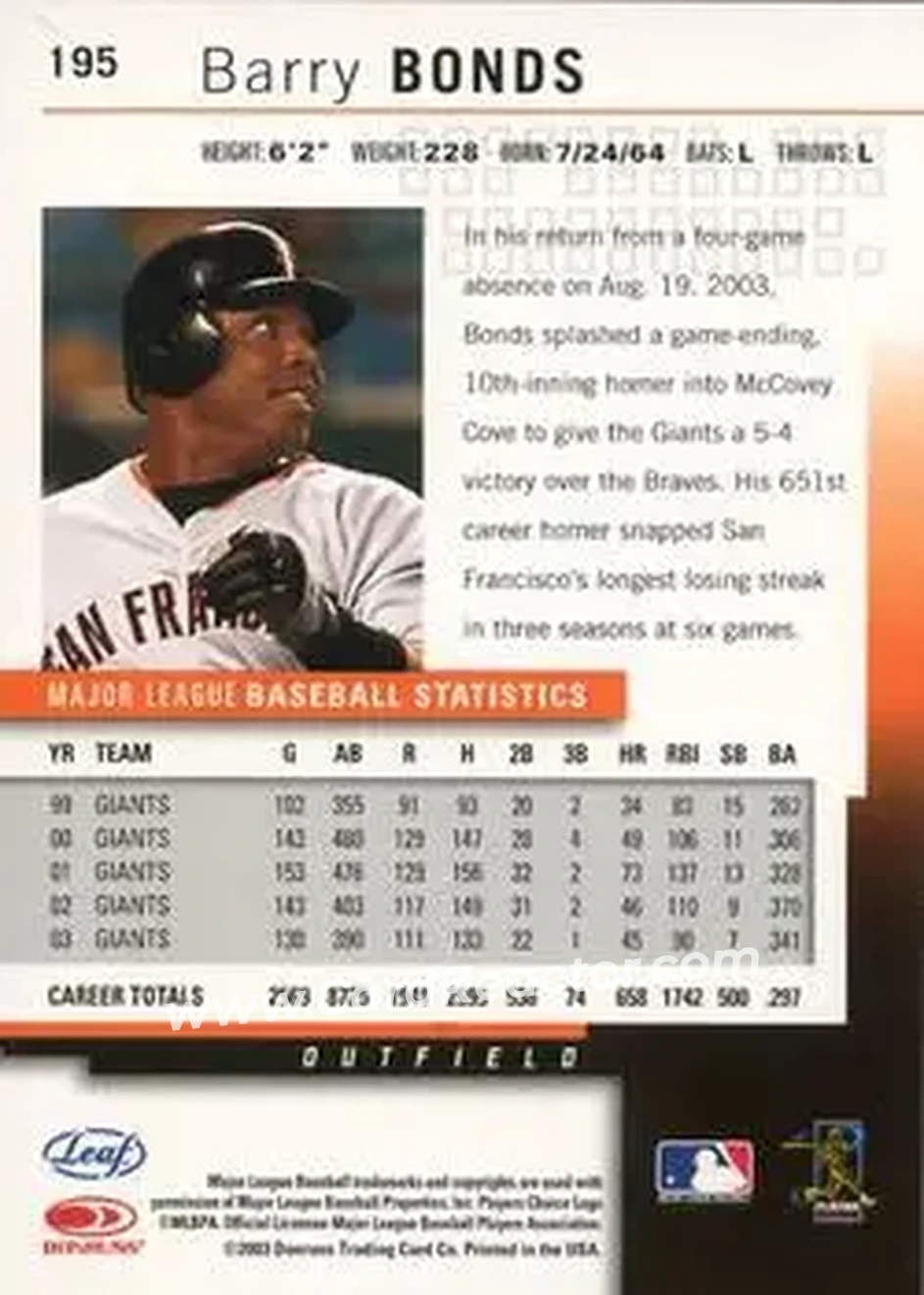 2004 Leaf #195 - Barry Bonds - San Francisco Giants - Back