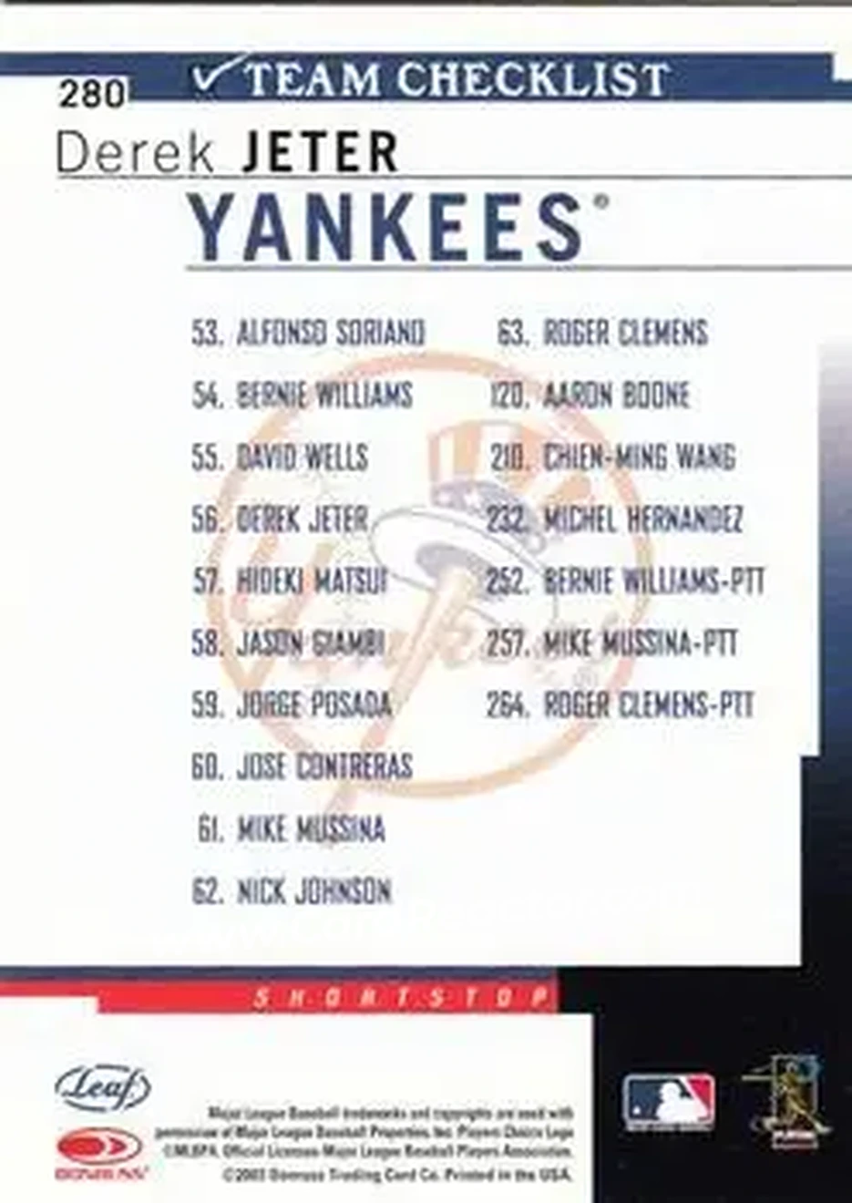 2004 Leaf #280 - Derek Jeter - New York Yankees - Back 2004 Leaf #280 - Derek Jeter - New York Yankees - Back